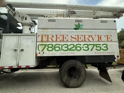 NC Landscaping Group Corp tree-service truck displaying stump grinding, phone number, and licensed-and-insured wording