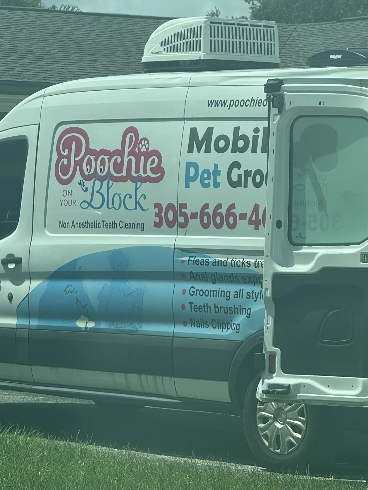 White Poochie On Your Block mobile pet-grooming van photographed in Miami