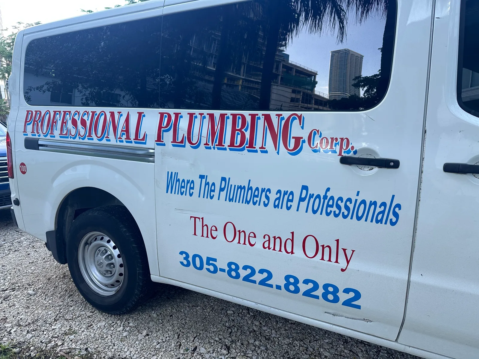 Professional Plumbing Corp work vehicle displaying phone number 305-822-8282 and Hialeah address — photo 2 of 2
