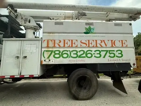 NC Landscaping Group Corp tree-service truck displaying stump grinding, phone number, and licensed-and-insured wording