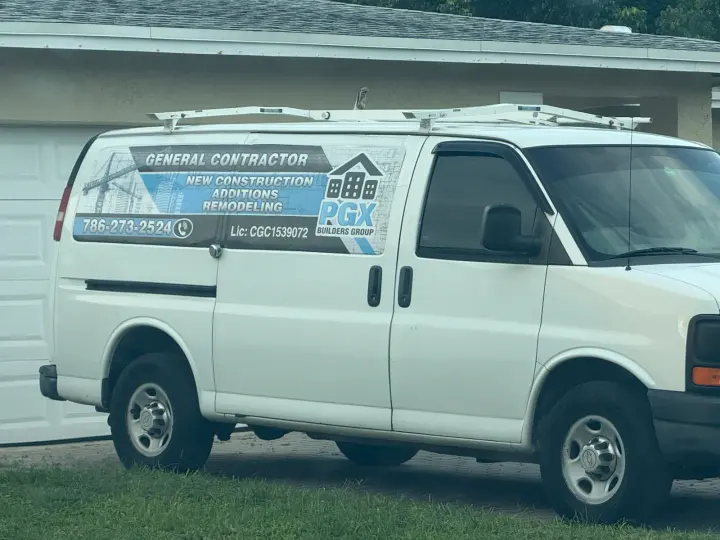 PGX Builders Group general-contractor van displaying phone number 786-273-2524, license CGC1539072, and construction services