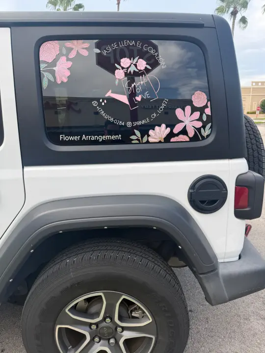 Sprinkle of Love flower-arrangement vehicle graphic displaying WhatsApp number 786-708-0284 and Instagram handle sprinkle_of_love21